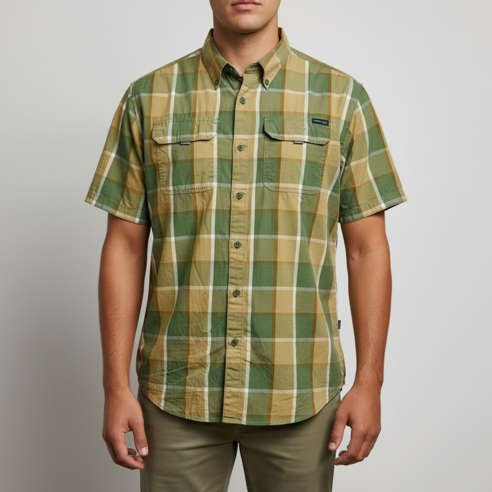 Wrangler Olive and Beige Plaid Men's‎ Outdoor Shirt Short Sleeve Cotton size 2XL
